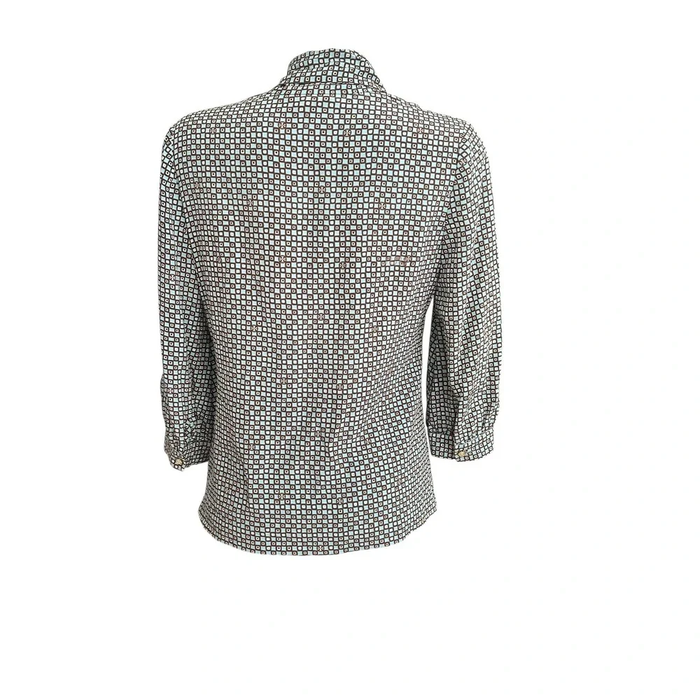 Tory Burch Aqua Brown Bow Tie Front Squares & Logo Print Blouse Sz‎ 6 100% Silk
